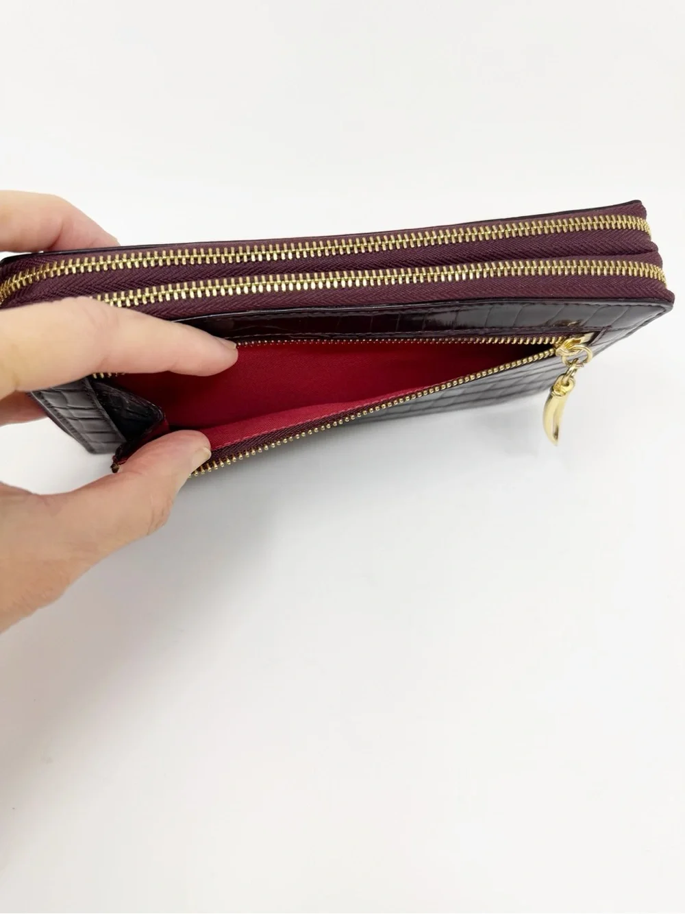 Tusk Croc Embossed Leather Double Zip Around Continental Wallet Burgundy